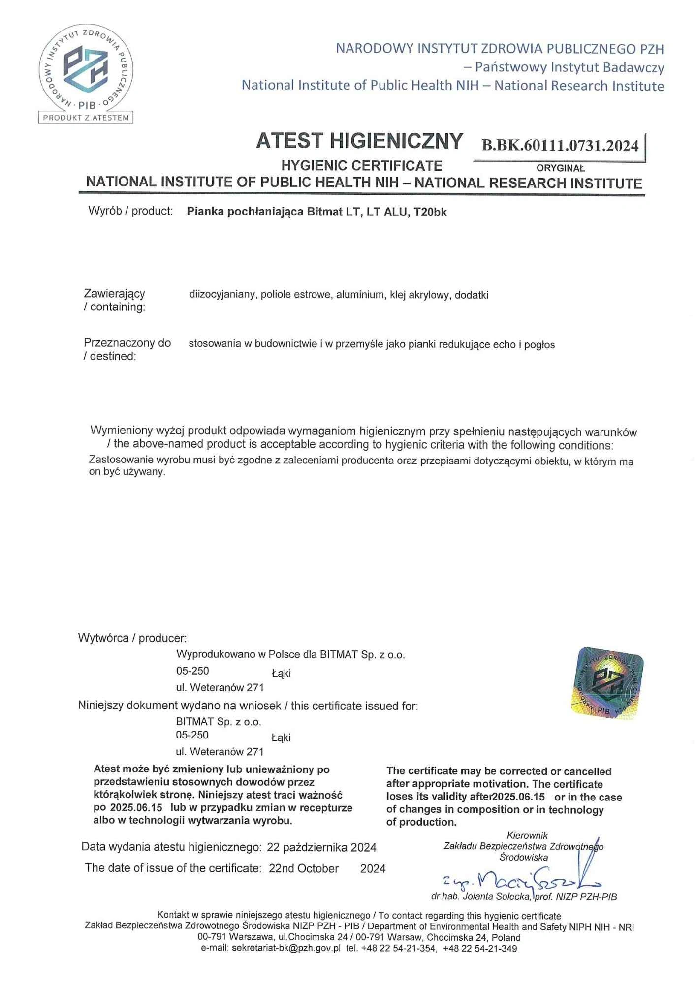 Atest higieniczny LT Alu